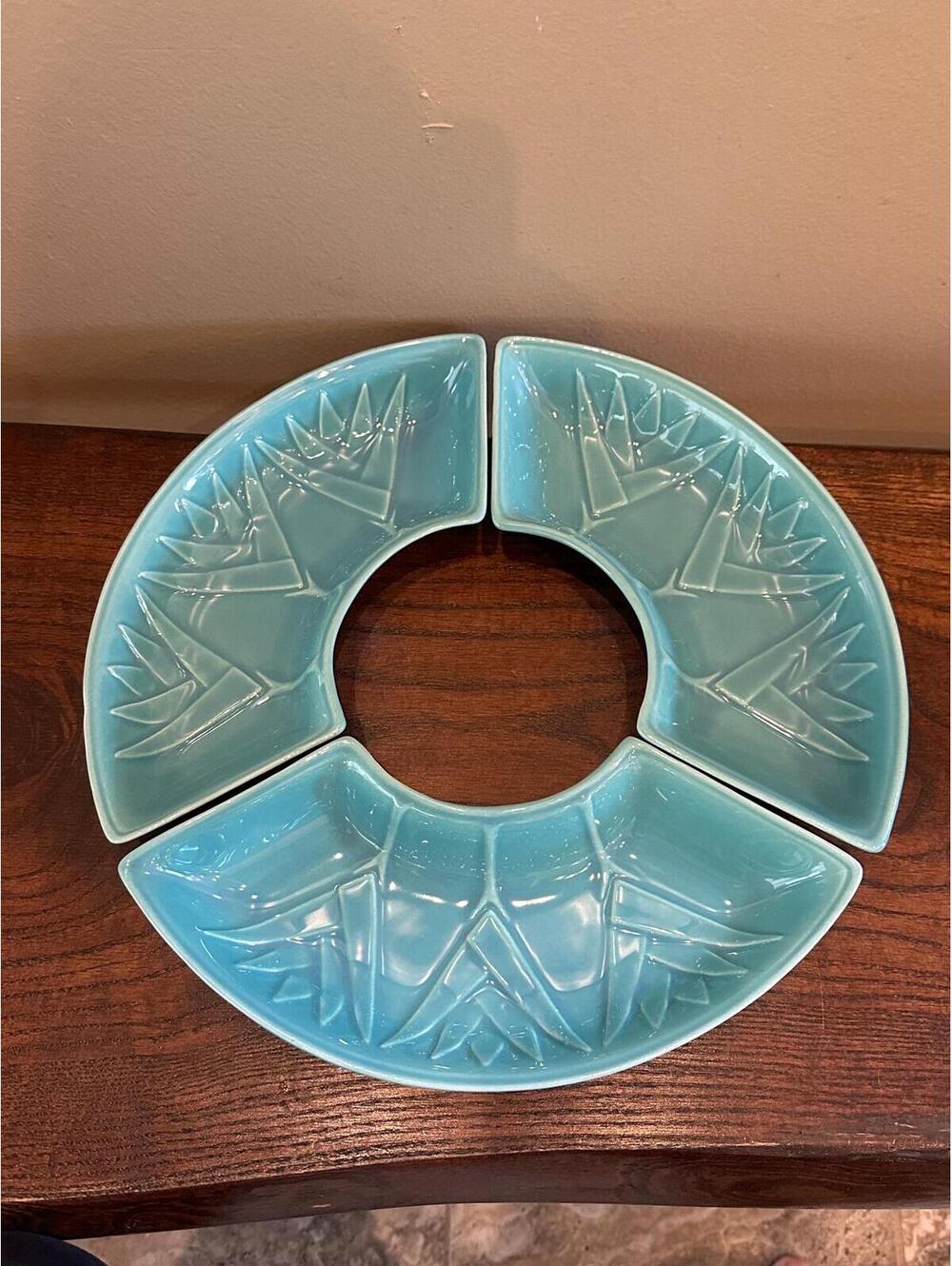 Vintage California Pottery L59 Teal Flower Three-Piece Circular Serving Dish
